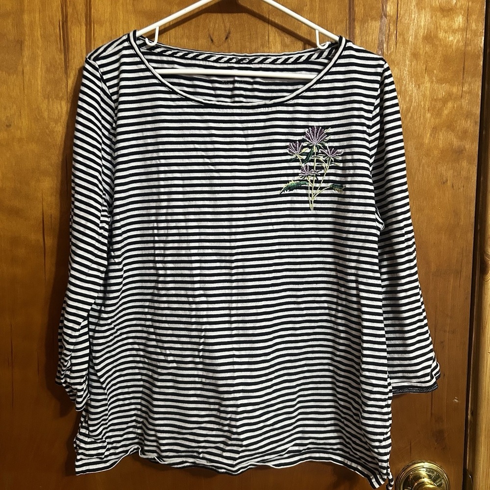 Talbots Authentic Tee Womens M/L Navy White Stripe Floral Embroidered Shirt
